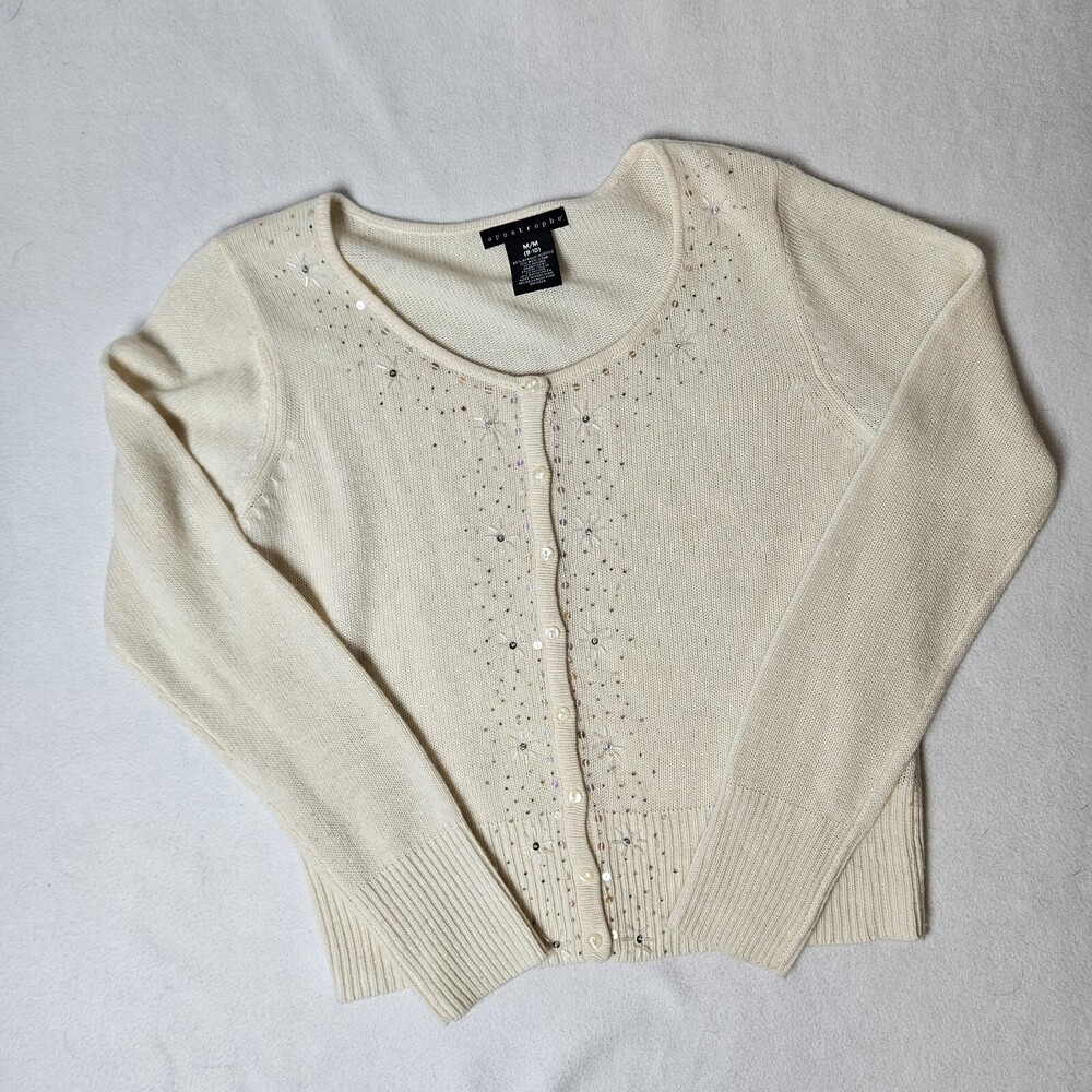 Apostrophe Wool Angora Rabbit Hair Button Up Sequin Snowflake Sweater M